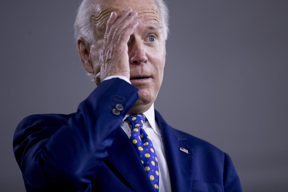 Democratic presidential candidate former Vice President Joe Biden gestures while referencing President Donald Trump at a campaign event at the William "Hicks" Anderson Community Center in Wilmington, Del., Tuesday, July 28, 2020. (AP Photo/Andrew Harnik)