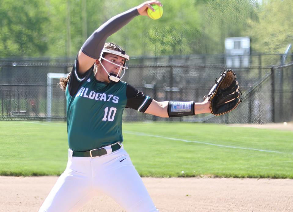 Novi's Reganne Bennett had 11 strikeouts in a 6-0 loss at Hartland on Thursday, May 11, 2023.
