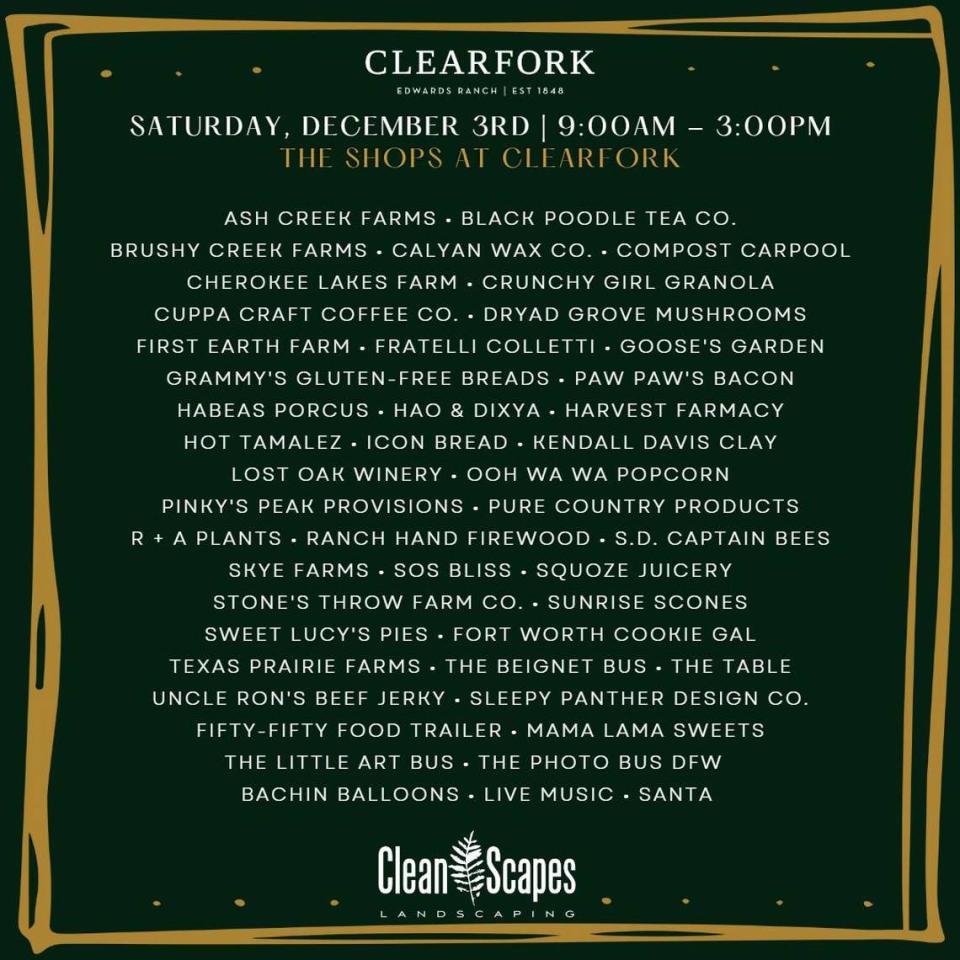 Clearfork Holiday Market’s vendor list.