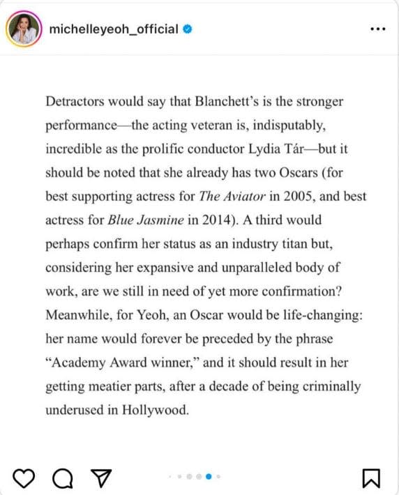 Yeoh posted nine screengrabs from a Vogue article, one of which named two-time Oscar winner Blanchett.