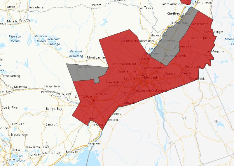 Environment Canada's weather advisory map as of about 10:45 a.m. on April 4. Warnings are in red, special weather statements in grey.