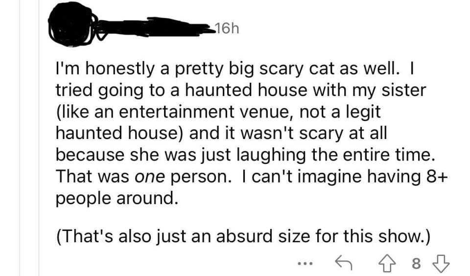 Social media screenshot of a user's comment about being scared at a haunted house event, and the experience with their sister