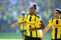 Dortmund's striker Pierre-Emerick Aubameyang celebrates after scoring on August 27, 2016