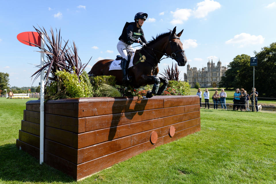 Piggy French riding VANIR KAMIRA during the cross country phase of the Land Rover Burghley Horse Trials in the grounds of Burghley House near Stamford in Lincolnshire in the UK between 29th August and 2nd September 2018