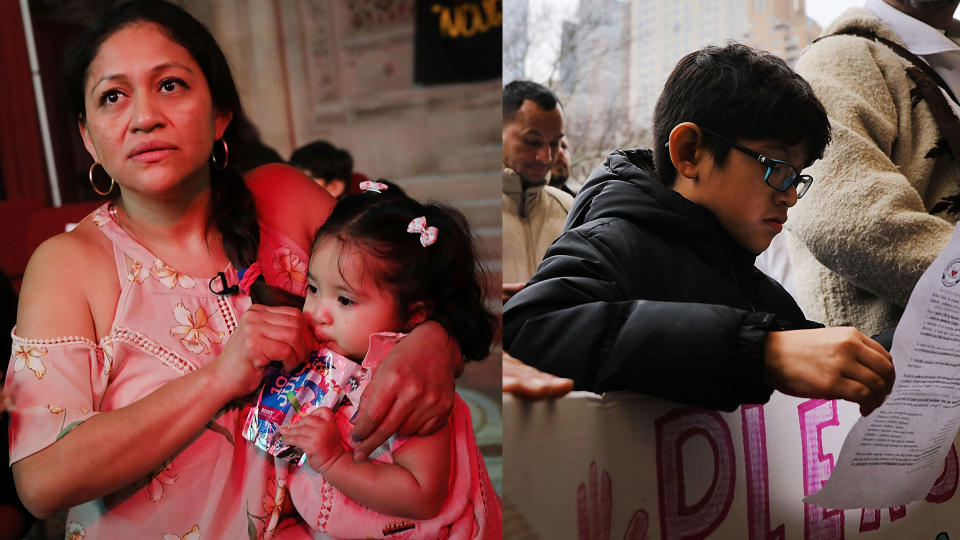 Undocumented immigrant mother Aura Hernández with her daughter inside the church offering sanctuary (left), and Hernández’s 10-year old son at a vigil for his mother (right). (Photos: Spencer Platt/Getty Images)