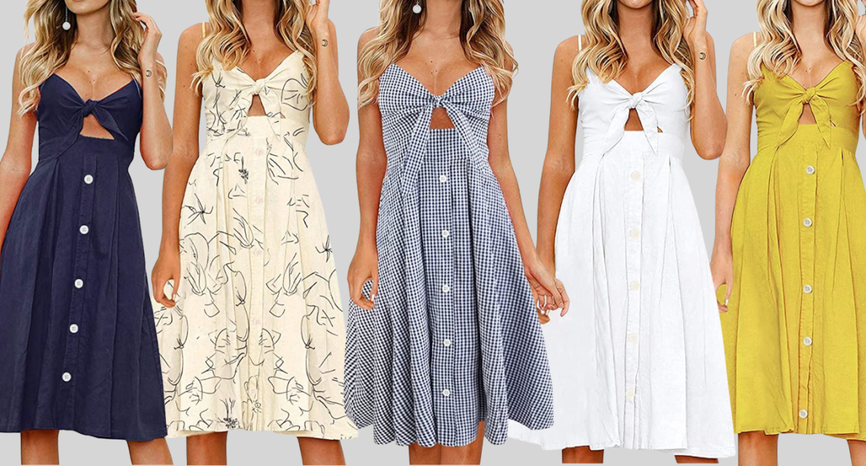 five blonde models wearing navy blue, white, gingham blue and yellow sun dresses from amazon canada