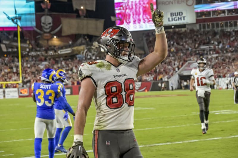 Tampa Bay Buccaneers tight end Cade Otton (88) is my No. 12 fantasy football play in Week 3. File Photo by Steve Nesius/UPI