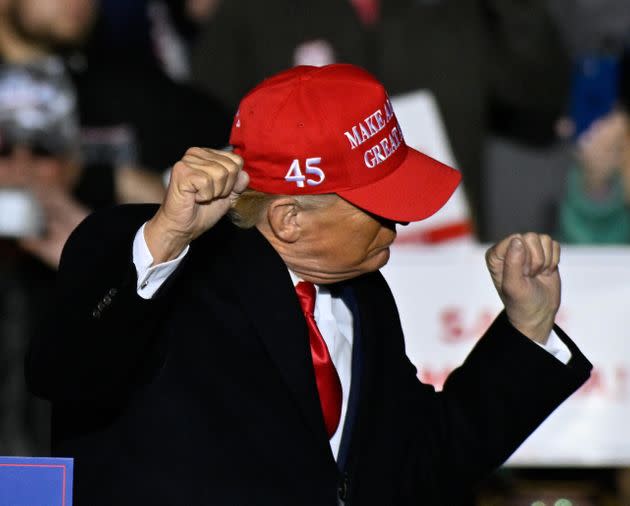 Former President Donald Trump appears at a rally Georgia candidates David Perdue, Burt Jones, Herschel Walker, Marjorie Taylor Greene and Vernon Jones in Commerce, Georgia, on March 26. (Photo: Photo by Peter Zay/Anadolu Agency via Getty Images)