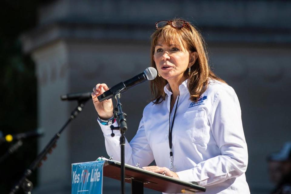 Addia Wuchner speaks during a Yes for Life rally at the State Capitol in Frankfort, Ky., Saturday, October 1, 2022. A counter rally took place at the same time from Protect KY Access.