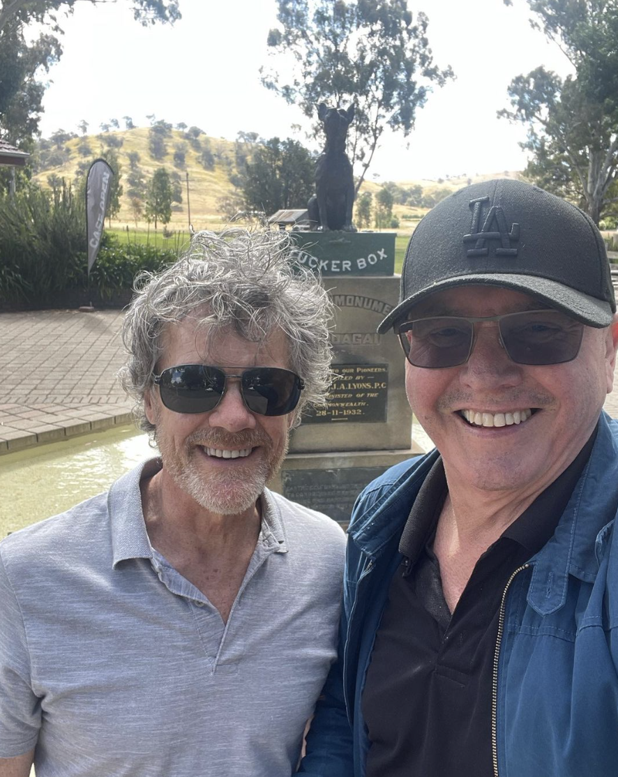 Stefan Dennis and Alan Fletcher outside Dog on a Tuckerbox near Gundagai. 