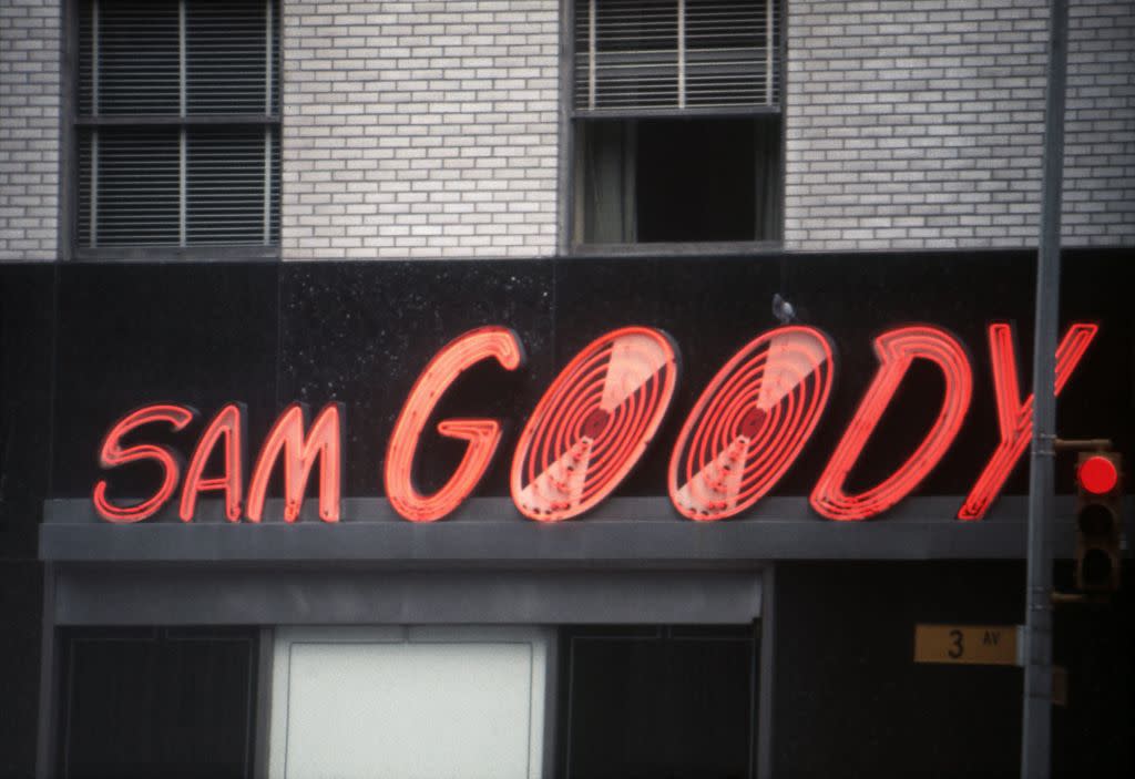 A view of the exterior of a Sam Goody record store located at 1011 3rd Avenue at 60th Street in1976 in New York City, New York