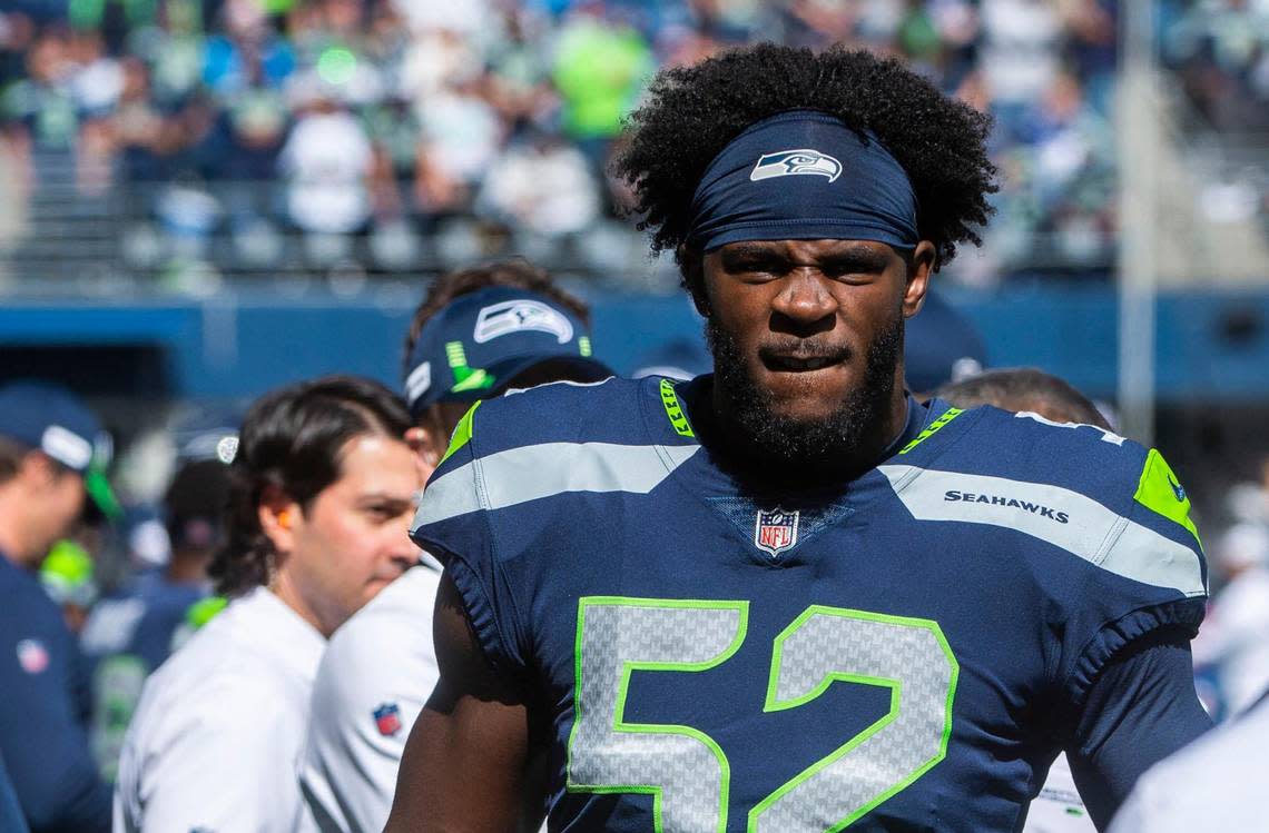 Seahawks linebacker Darrell Taylor prior to the Seattle Seahawks playing the Tennessee Titans in an NFL football game at Lumen Field in Seattle, Wash., on Sunday, Sept. 19, 2021.