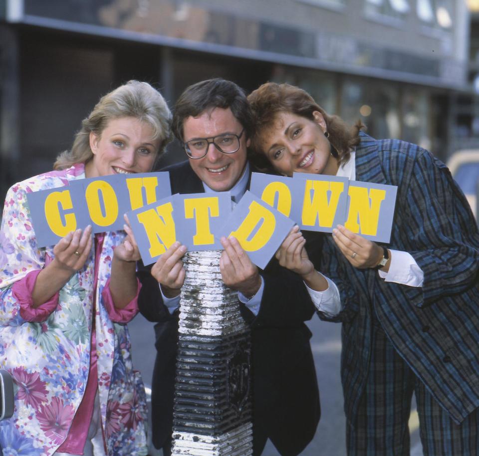 Cathy Hytner, Richard Whitely and Carol Vorderman the original presenters of Countdown in 1985. (Avalon/Getty Images)