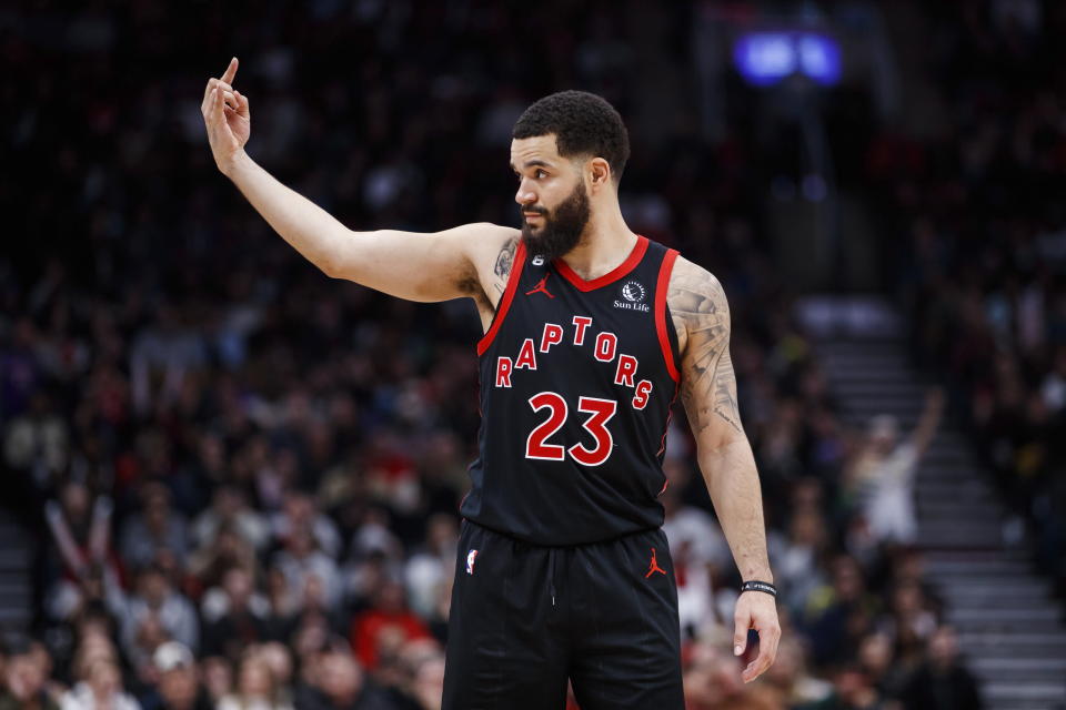 Toronto Raptors guard Fred VanVleet (23) reacts to the bench during the second half of an NBA basketball game against the Brooklyn Nets in Toronto, Friday, Dec. 16, 2022. (Cole Burston/The Canadian Press via AP)