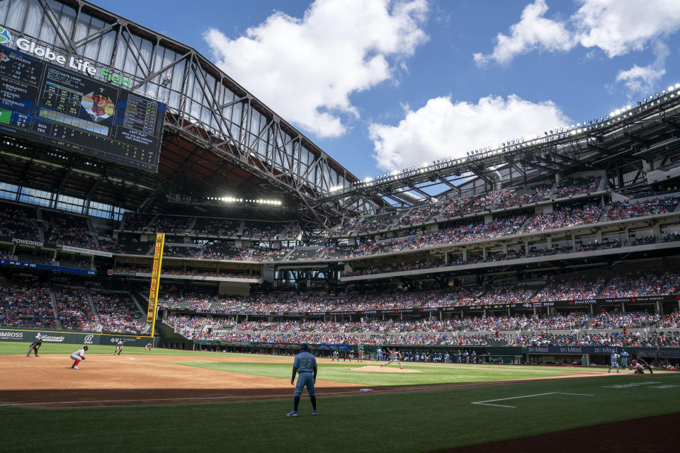 Boston Red Sox starting pitcher Garrett Richards works against the Texas Rangers in Globe Life Field during the third inning of a baseball game Sunday, May 2, 2021, in Arlington, Texas. (AP Photo/Jeffrey McWhorter)