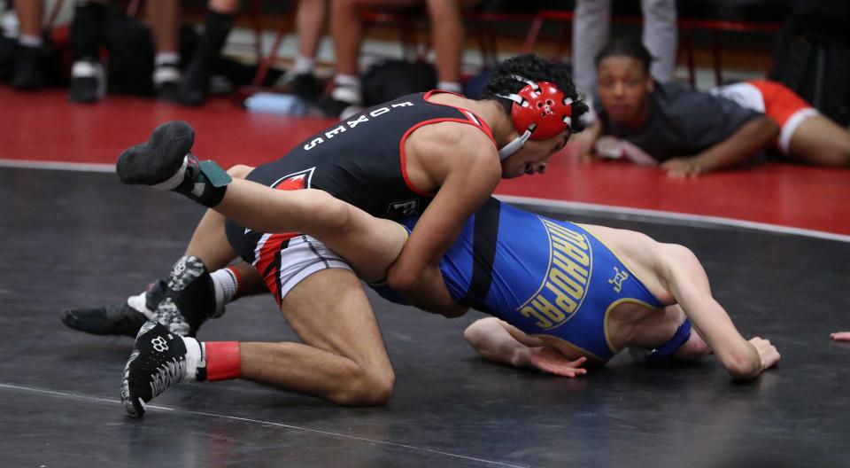 Fox Lane's Wilmer Navarro pinned Mahopac's Pace Zeiler  at 126 lbs in the Section 1 wrestling dual meet tourney championship held at Fox Lane Dec. 20, 2022.  