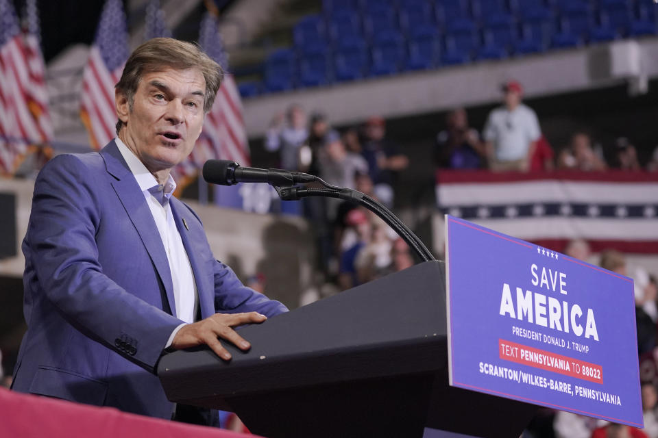 Pennsylvania Republican Senate candidate Mehmet Oz speaks ahead of former President Donald Trump at a rally in Wilkes-Barre, Pa., Saturday, Sept. 3, 2022. (AP Photo/Mary Altaffer)