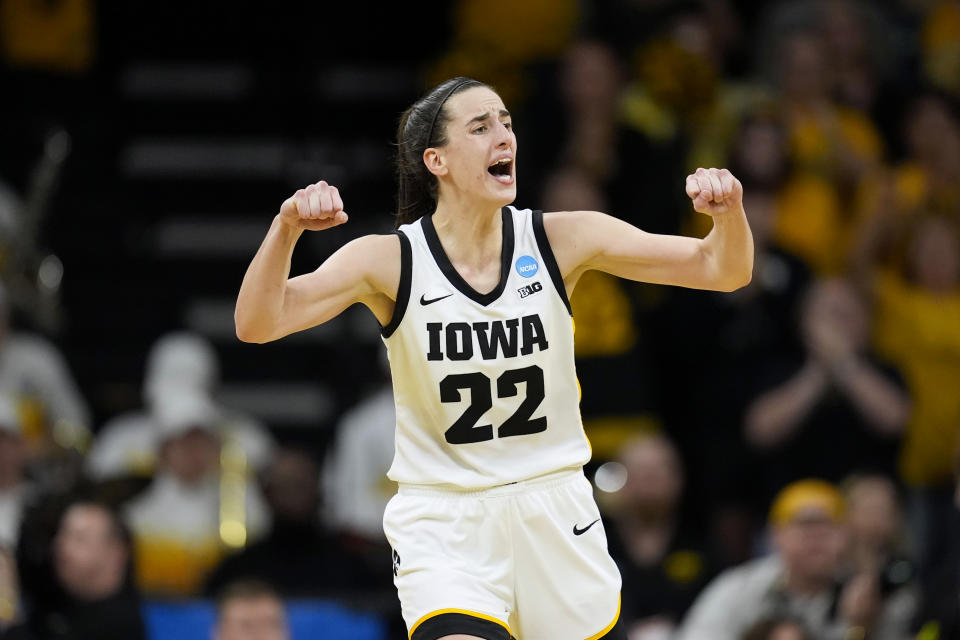 Iowa guard Caitlin Clark reacts in the second half of a second-round college basketball game against West Virginia in the NCAA Tournament, Monday, March 25, 2024, in Iowa City, Iowa. (AP Photo/Charlie Neibergall)