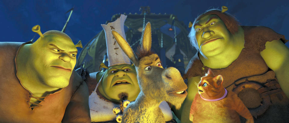 Shrek's relatives might sound familiar to you because they are played by Don Draper, Darryl Philbin, and Sue Sylvester — othewise known by their real names: Jon Hamm (Mad Men), Craig Robinson (The Office), and Jane Lynch (Glee).