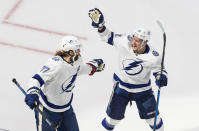 Tampa Bay Lightning defenseman Victor Hedman (77) celebrates with Ondrej Palat (18) after his goal against the New York Islanders during the first period of Game 6 of the NHL hockey Eastern Conference final, Thursday, Sept. 17, 2020, in Edmonton, Alberta. (Jason Franson/The Canadian Press via AP)