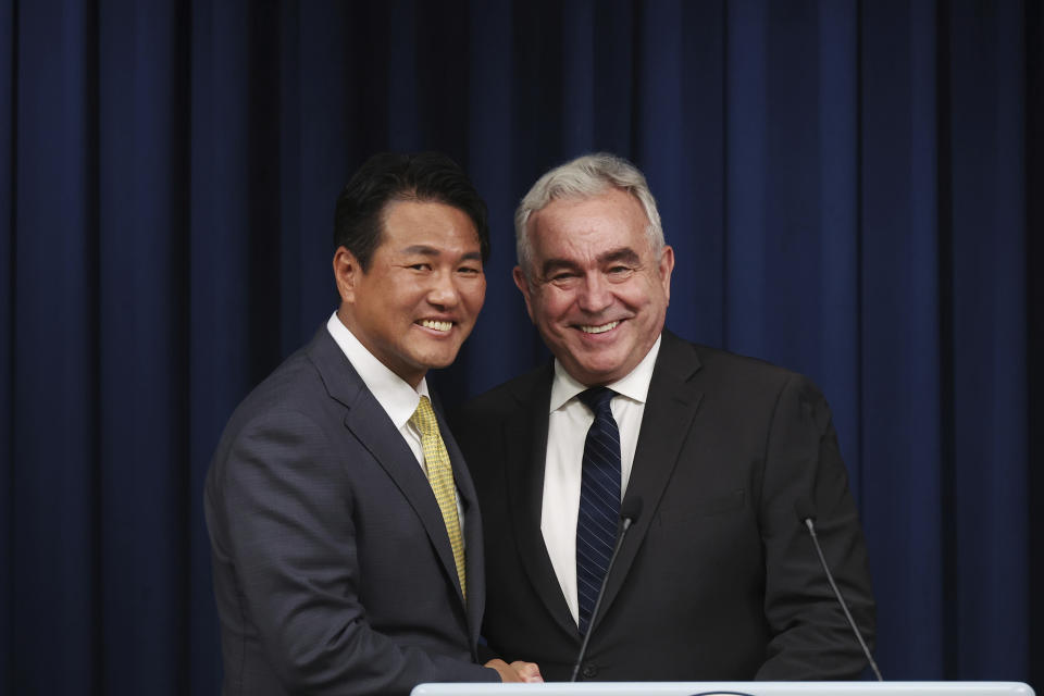 Principal Deputy National Security Adviser Kim Tae-hyo, left, and U.S. National Security Council Coordinator for Indo-Pacific Affairs Kurt Campbell pose for photographs during a news conference at the Presidential Office in Seoul, South Korea, Tuesday, July 18, 2023. A bilateral consulting group of South Korean and U.S. officials met Tuesday in Seoul to discuss strengthening their nations’ deterrence capabilities against North Korea’s evolving nuclear threats. (Kim Hong-Ji/Pool Photo via AP)