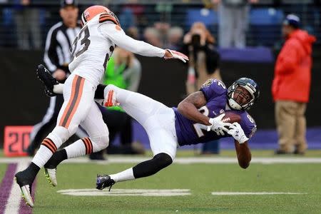 Dec 28, 2014; Baltimore, MD, USA; Baltimore Ravens wide receiver Torrey Smith (82) catches a long pass to set up a touchdown against the Cleveland Browns at M&T Bank Stadium. Mandatory Credit: Mitch Stringer-USA TODAY Sports