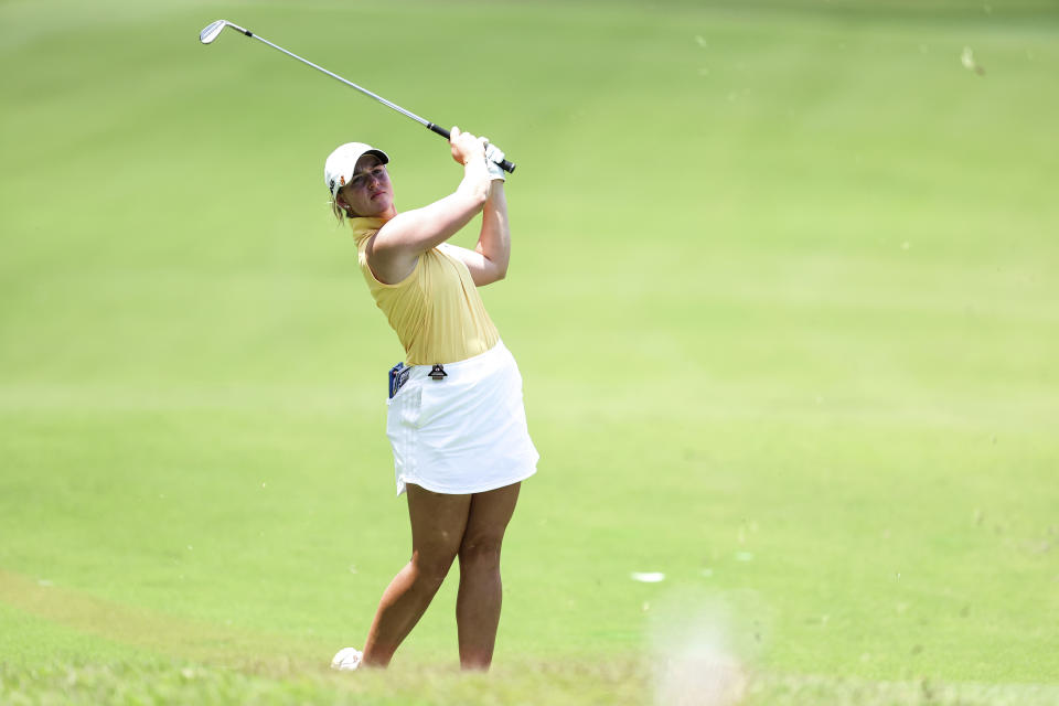 Linn Grant of Sweden drives a shot on the fairway after the 15th tee during the first round of the HSBC Women's Wold Championship at the Sentosa Golf Club in Singapore Thursday, Feb. 29, 2024. (AP Photo/Danial Hakim)