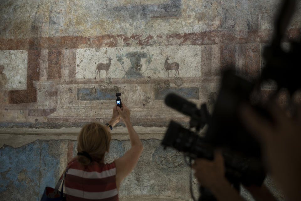 Journalists look at the frescoes coming from the sacellum, a small votive chapel, of a two-story home, or "Domus," dating from around 134-138 AD that was partially destroyed to make way for the construction of the Caracalla public baths, which opened in 216 AD, are on display at the Caracalla archaeological park in Rome, Thursday, June 23, 2022. The frescoed ceiling and walls of a domestic temple honoring Greco-Roman and Egyptian religious deities and believed to have belonged to a wealthy merchant family were first discovered in the mid-19th century about 10 meters (yards) underneath the current ground level of the baths, had been briefly exhibited but has been closed to the public for 30 years. (AP Photo/Domenico Stinellis)