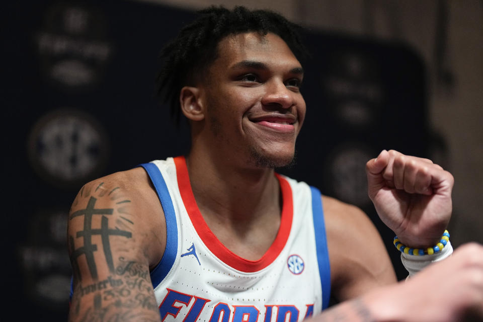 Florida NCAA college basketball player Will Richard speaks during Southeastern Conference Media Days, Wednesday, Oct. 18, 2023, in Birmingham, Ala. (AP Photo/Mike Stewart)