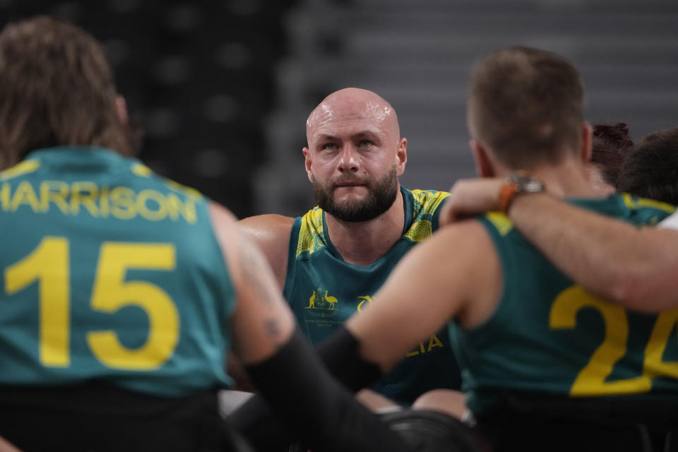 Australia's Chris Bond reacts after losing to the United States in a semifinal wheelchair rugby match against the United States at the Tokyo 2020 Paralympic Games, Saturday, Aug. 28, 2021, in Tokyo, Japan. (AP Photo/Kiichiro Sato)