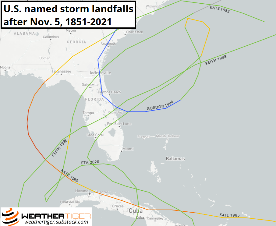 Historical November TS/hurricane landfalls.