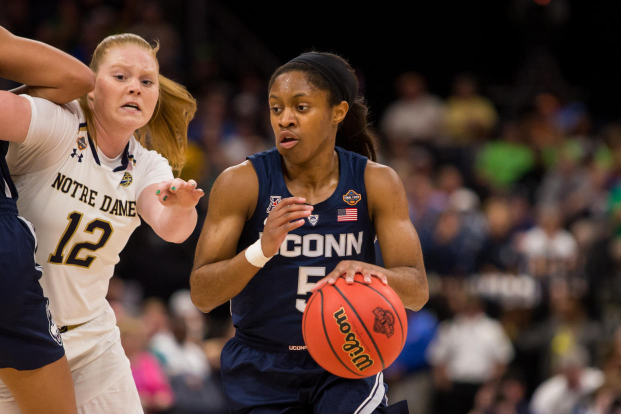 TAMPA, FL - APRIL 05: UCONN guard Crystal Dangerfield (5) plays in 2019 NCAA Women's National Semifinal Game Two between the UCONN Huskies and the Notre Dame Fighting Irish at Amalie Arena in Tampa, FL on on April 5. (Photo by Mary Holt/Icon Sportswire via Getty Images)