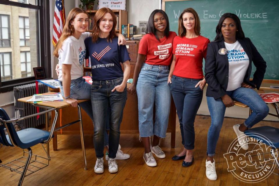 From left: Moms Demand and Students Demand activists Liv Freundlich, Julianne Moore (Liv's mom), Ryan Pascal, Shannon Watts and Shenee Johnson were named among PEOPLE's 25 Women Changing the World in 2018. | Julian Dufort