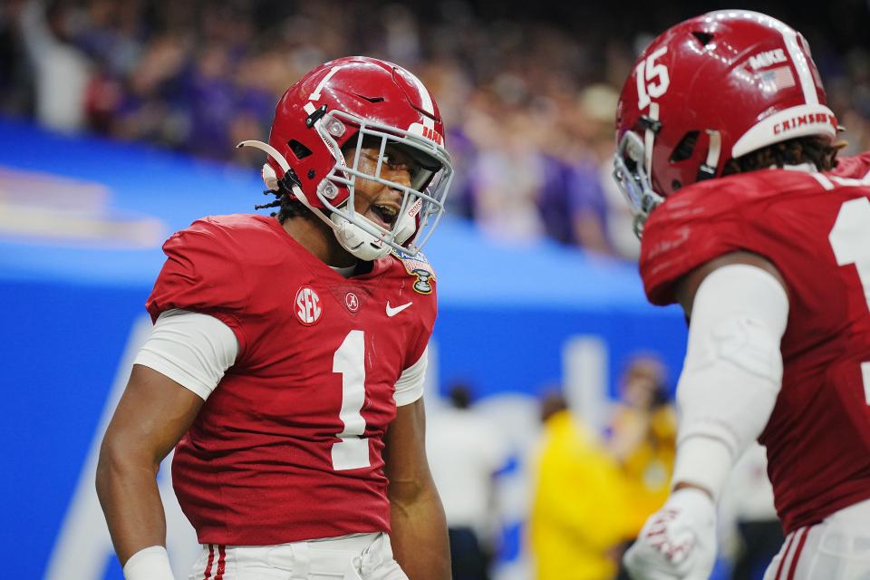 Dec 31, 2022; New Orleans, LA, USA; Alabama Crimson Tide defensive back Kool-Aid McKinstry (1) reacts after a defensive play against the Kansas State Wildcats during the second half in the 2022 Sugar Bowl at Caesars Superdome. Mandatory Credit: Andrew Wevers-USA TODAY Sports