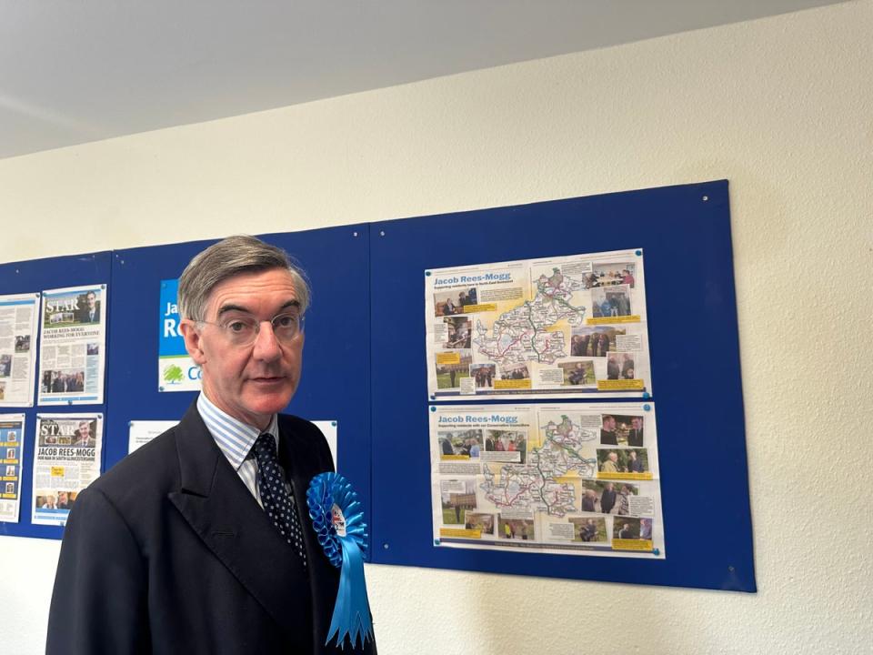Sir Jacob Rees-Mogg spoke of his admiration for Nigel Farage from within the North East Somerset and Hanham Conservative Association office (The Independent)