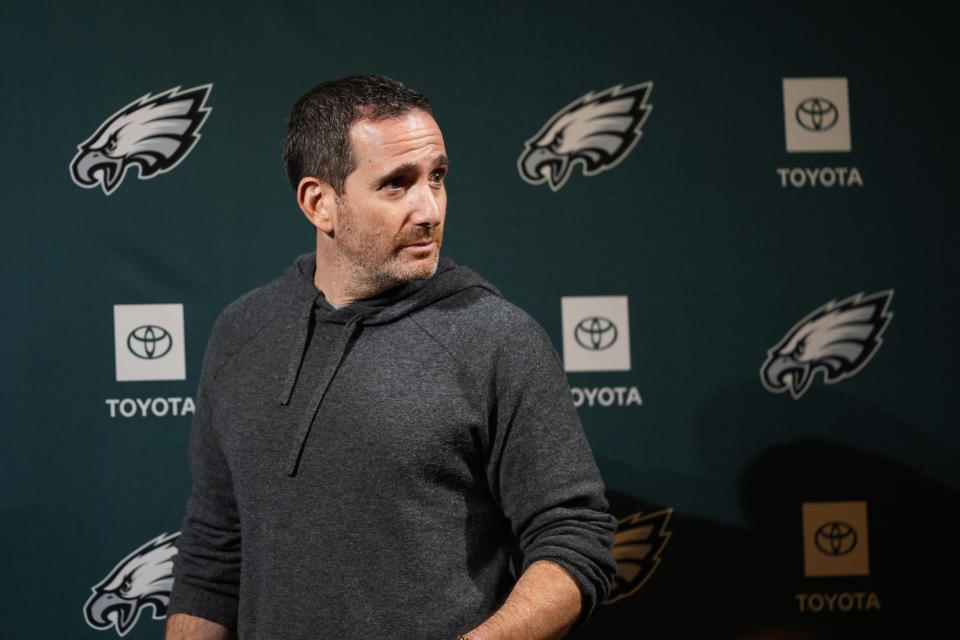 Philadelphia Eagles' Howie Roseman walks to his seat before a news conference at the NFL teams' practice facility, Wednesday, Jan. 24, 2024, in Philadelphia. (AP Photo/Matt Slocum)