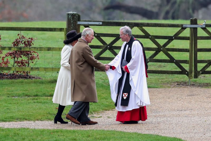 Britain's King Charles attends a church service at St. Mary Magdalene's church