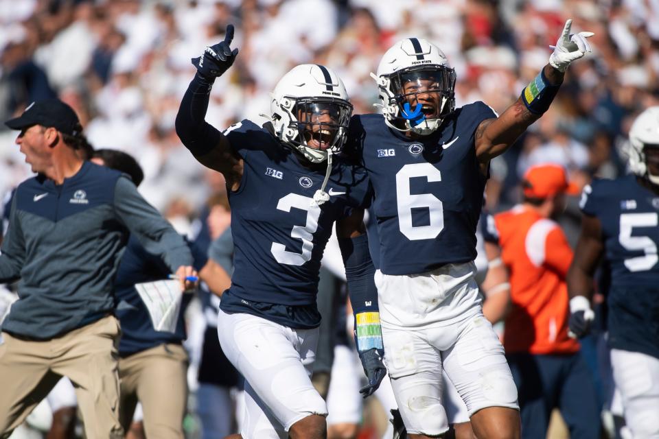 Penn State cornerback Johnny Dixon (3) celebrates with safety Zakee Wheatley (6) after strip sacking Ohio State quarterback C.J. Stroud to end the second quarter at Beaver Stadium on Saturday, Oct. 29, 2022, in State College.