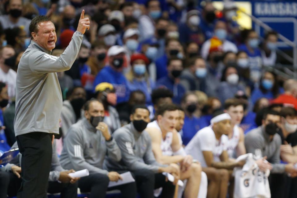 Kansas coach Bill Self yells out to a referee during the first half of Saturday's game inside Allen Fieldhouse.