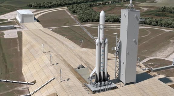 An artist's illustration of a SpaceX Falcon Heavy rocket at Launch Complex 39A at NASA's Kennedy Space Center in Florida.