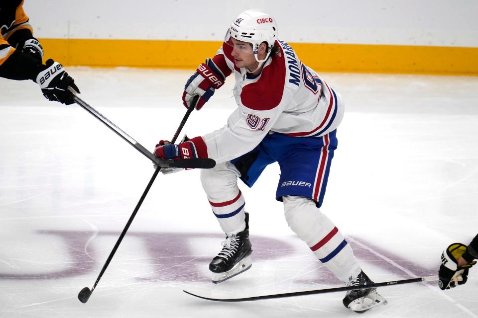 Montreal Canadiens' Sean Monahan (91) skates during the first period of an NHL hockey game against the Pittsburgh Penguins in Pittsburgh, Saturday, Jan. 27, 2024.