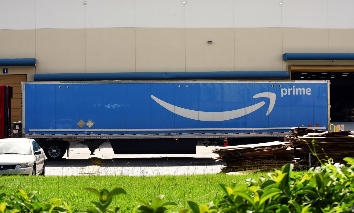 An Amazon Prime truck is seen at a distribution center on July 14, 2019 in Orlando, Florida. On July 15 and 16, 2019, Amazon holds its annual Amazon Prime Day, a 48-hour event during which Prime members can shop online for hundreds of thousands of specially discounted items.  (Photo by Paul Hennessy/NurPhoto via Getty Images)