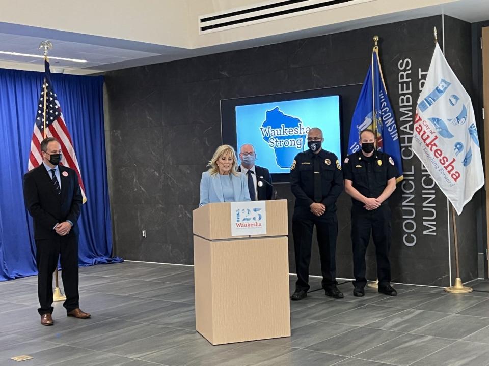 First lady Jill Biden, second from left, second gentleman Douglas Emhoff, left, met with Waukesha officials, as well as the families of the victims of the Waukesha Christmas Parade tragedy at Waukesha City Hall on Wednesday, Dec. 15, 2021.