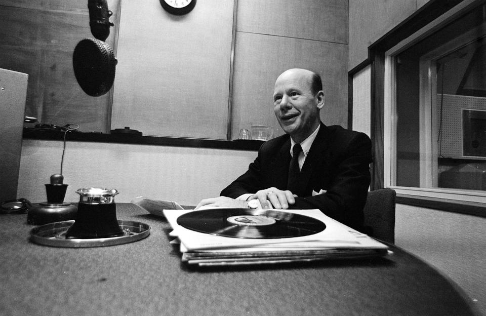 Roy Plomley BBC Radio Presenter of Desert Island Discs Jan 1967 on the 25th annivesary of the first broadcast Sitting in radio studio at Broadcasting House Great Portland Street