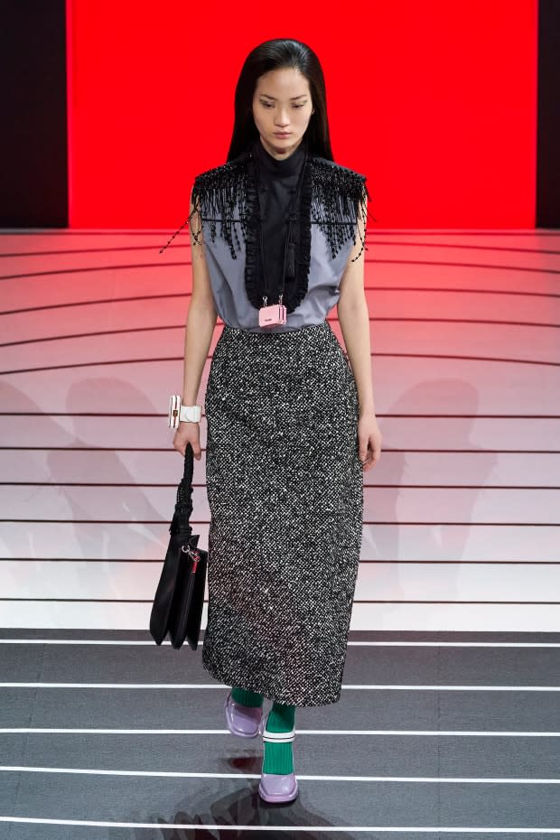 <p>A look from Prada's Fall 2020 show. Photo: Imaxtree</p>