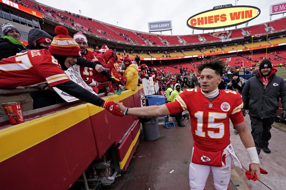 Kansas City Chiefs quarterback Patrick Mahomes greets fans after an NFL football game against the Seattle Seahawks Saturday, Dec. 24, 2022, in Kansas City, Mo. The Chiefs won 24-10. (AP Photo/Charlie Riedel)