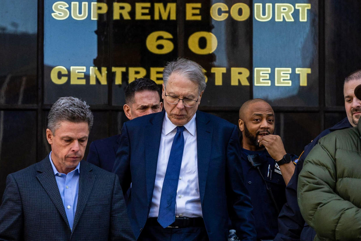Wayne LaPierre, chief executive officer of the NRA exits New York State Supreme Court on Jan. 12, 2024. (Bloomberg via Getty Images)