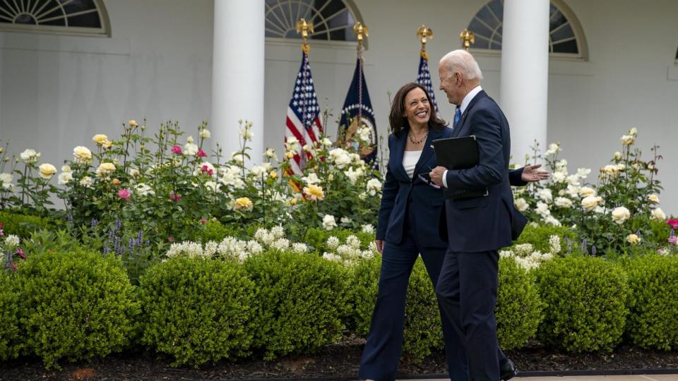 PHOTO: President Joe Biden, right, and U.S. Vice President Kamala Harris depart after speaking in the Rose Garden of the White House in Washington, D.C., May 13, 2021.  (Tasos Katopodis/Bloomberg via Getty Images)
