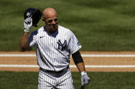 New York Yankees' Brett Gardner reacts after lining out against the Tampa Bay Rays during the second inning of a baseball game Thursday, Aug. 20, 2020, in New York. The Rays won 10-5. (AP Photo/Adam Hunger)