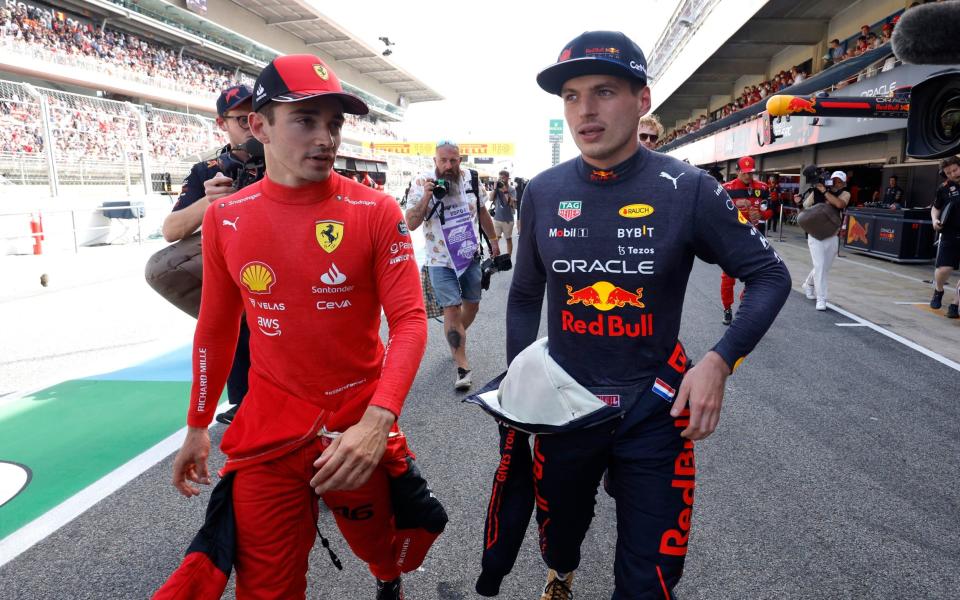 Circuit de Barcelona-Catalunya, Barcelona, Spain - May 21, 2022 Ferrari's Charles Leclerc celebrates after qualifying in pole position with second place Red Bull's Max Verstappen - REUTERS